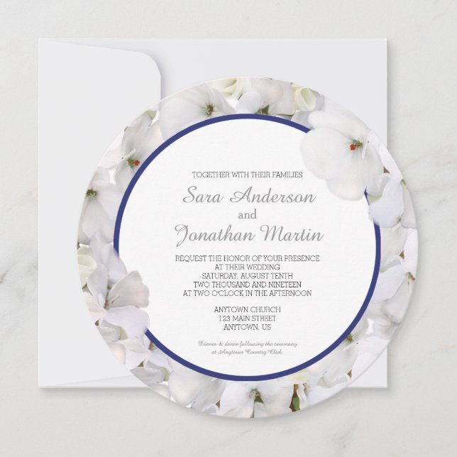 White Geranium & Navy Blue Accent Round Wedding Einladung (Vorderseite)