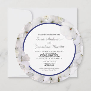 White Geranium & Navy Blue Accent Round Wedding Einladung
