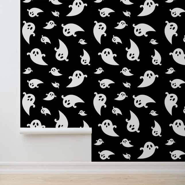 White Ghosts Muster Spookokes Schwarzes Halloween Tapete (Anwendung)