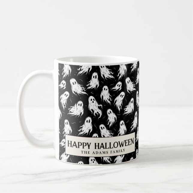 White Ghosts on Black Background Halloween Kaffeetasse (Links)