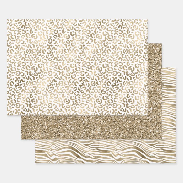 White Glam Gold Leopard Zebra Animal Print Geschenkpapier Set (Set)