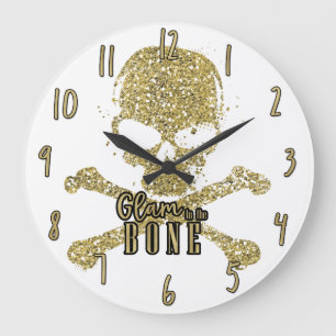 White Glam to the Bone Gold Glitter Skull Große Wanduhr
