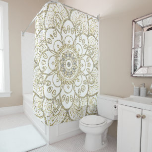 White Glitzer & Gold Floral Mandala Duschvorhang