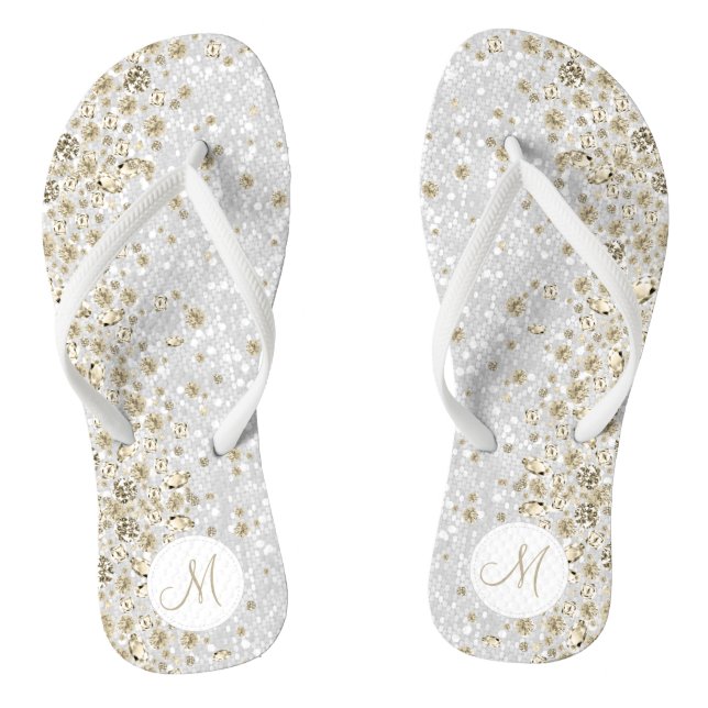 White Glitzer und Gold Diamond Flip Flops (Fußbett)