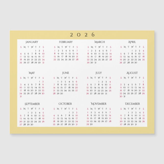 White Gold 2026 Yearly Full Year Calendar Magnet (Vorderseite)