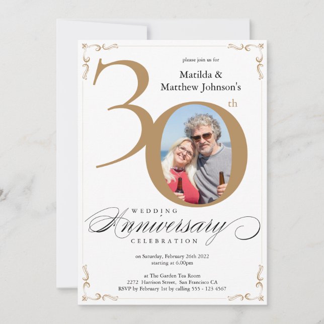 White Gold 30. Wedding Anniversary Calligraphie Einladung (Vorderseite)