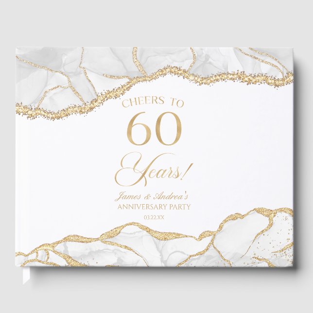 White Gold Agate 60th Wedding Anniversary Party Gästebuch (Vorderseite)