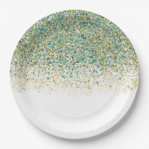White Gold & Aquamarin Blue Glitzer Moderner Küste Pappteller