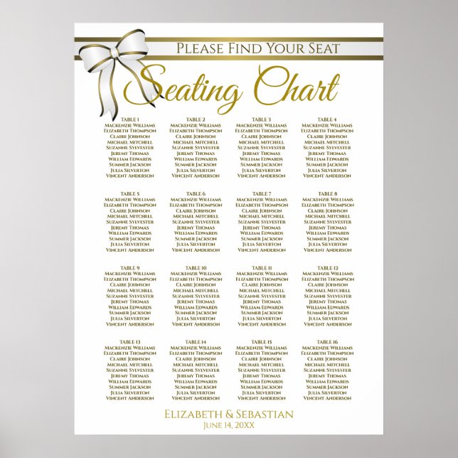 White & Gold Band 16 Tabelle Hochzeitstabelle Poster (Vorne)