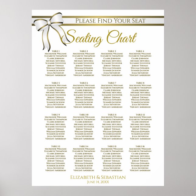 White & Gold Band 16 Tabelle Hochzeitstabelle Poster (Vorne)