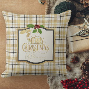 White Gold Black Kariert mit Name Christmas Kissen