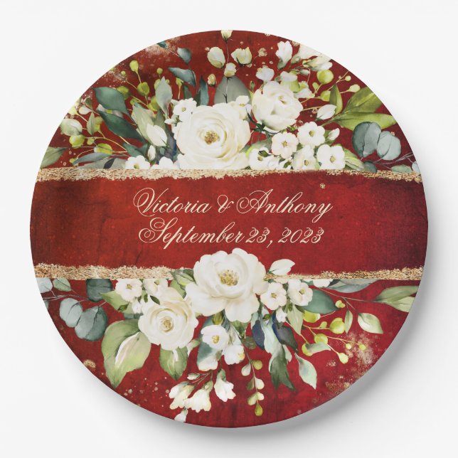 White Gold Botanical Floral Rustic Red Wedding Pappteller (Vorderseite)