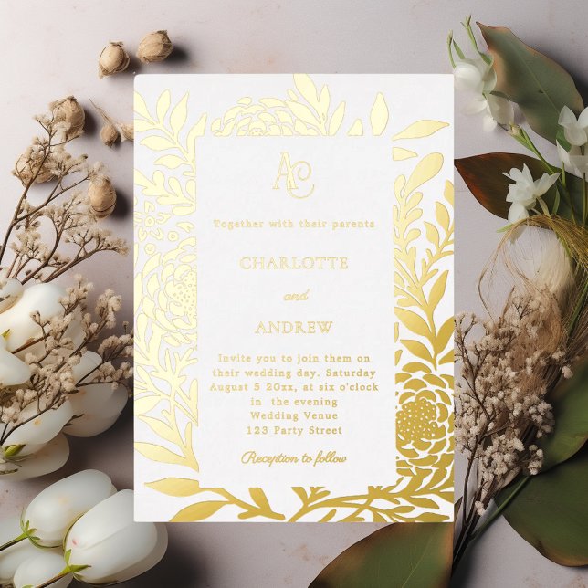White gold botanical monogram luxury wedding folieneinladung (Von Creator hochgeladen)