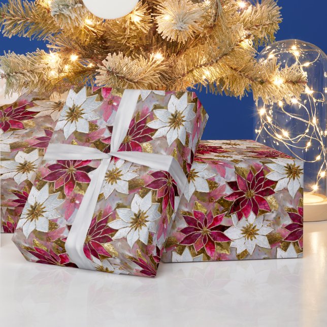 White Gold Burgundy Pink Christmas Poinsettias Geschenkpapier (Feiertage)