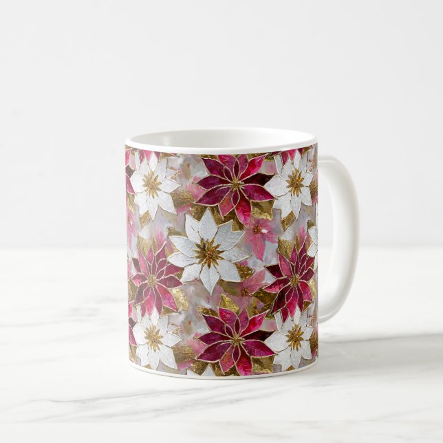 White Gold Burgundy Pink Christmas Poinsettias Kaffeetasse (VorderseiteRechts)