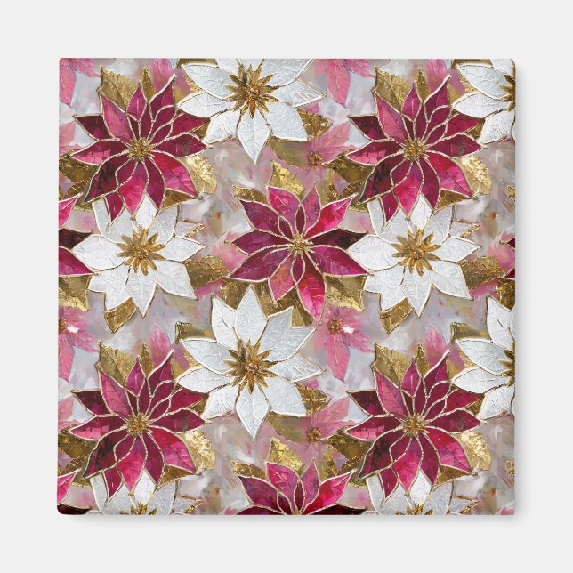 White Gold Burgundy Pink Christmas Poinsettias Magnet (Vorne)