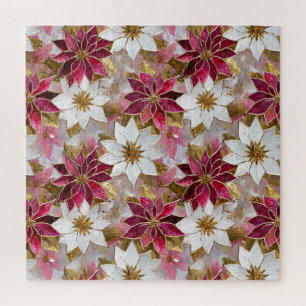 White Gold Burgundy Pink Christmas Poinsettias Puzzle