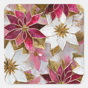 White Gold Burgundy Pink Christmas Poinsettias Quadratischer Aufkleber