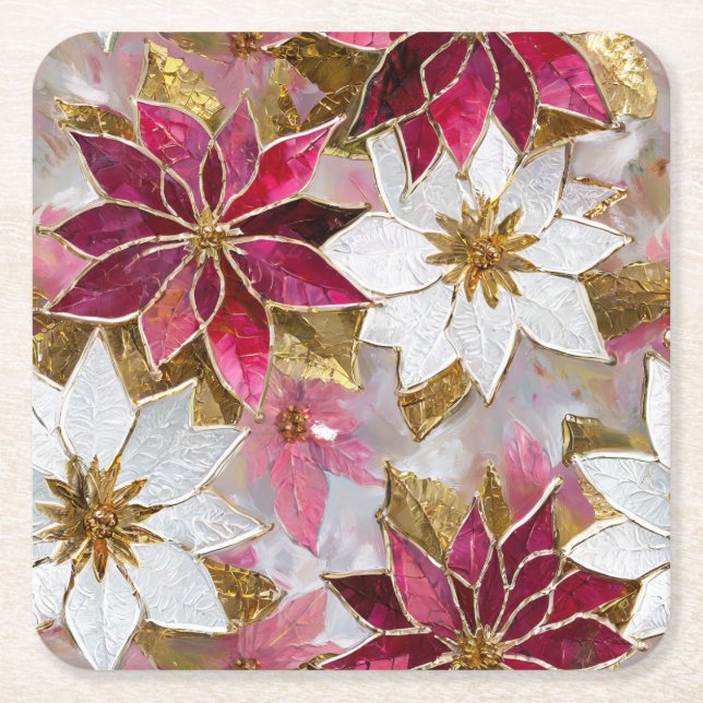 White Gold Burgundy Pink Christmas Poinsettias Rechteckiger Pappuntersetzer (Vorderseite)