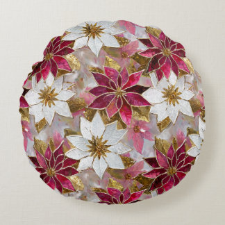 White Gold Burgundy Pink Christmas Poinsettias Rundes Kissen