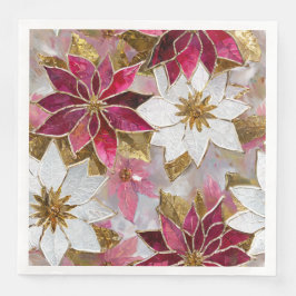 White Gold Burgundy Pink Christmas Poinsettias Serviette