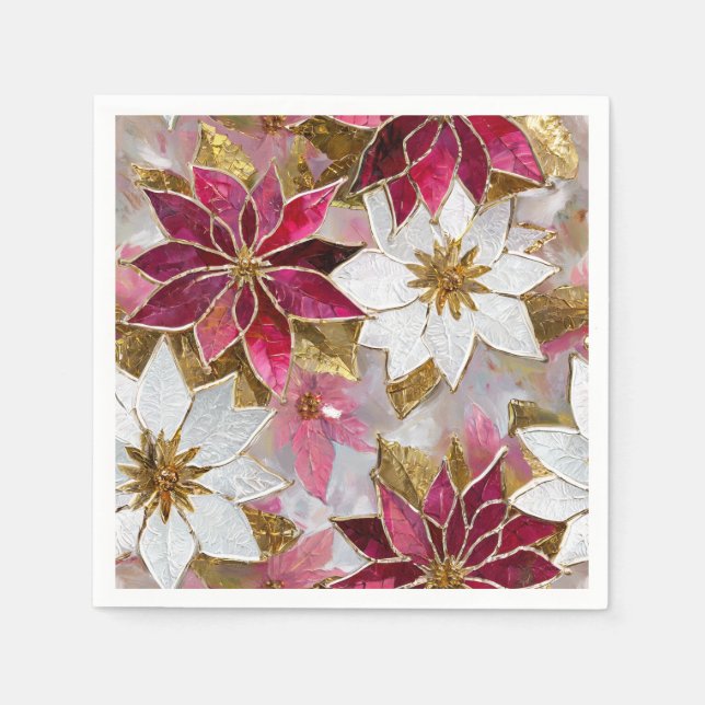White Gold Burgundy Pink Christmas Poinsettias Serviette (Vorderseite)