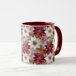 White Gold Burgundy Pink Christmas Poinsettias Tasse