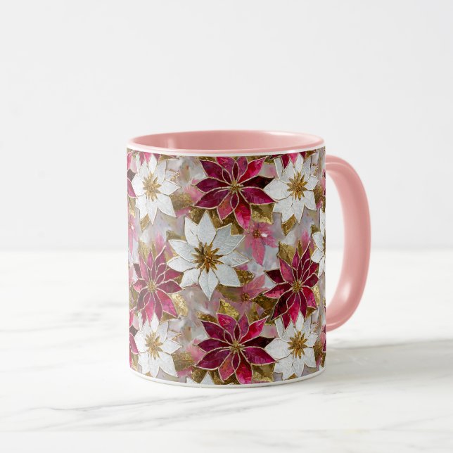 White Gold Burgundy Pink Christmas Poinsettias Tasse (VorderseiteRechts)