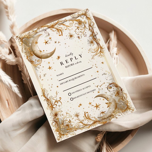 White Gold Celestial Moon & Stars Wedding RSVP Karte (Von Creator hochgeladen)