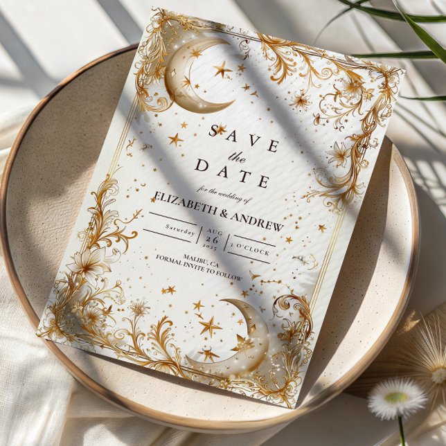 White Gold Celestial Moon & Stars Wedding Save The Date (Von Creator hochgeladen)