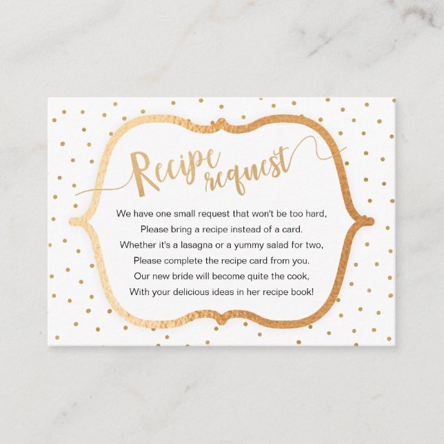White-Gold-Confetti-Brautparty-Rezept Begleitkarte (Vorderseite)