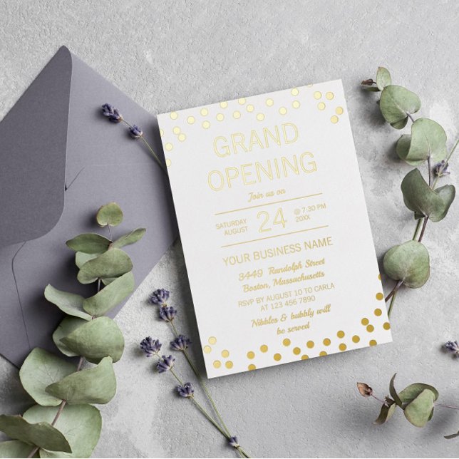 White & Gold Confetti Business Grand Opening Folieneinladung (Von Creator hochgeladen)
