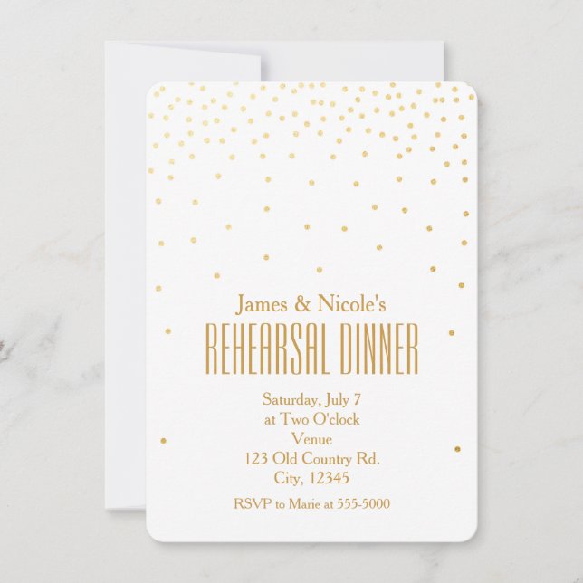 White & Gold Confetti Dots Probe Dinner Card Einladung (Vorderseite)