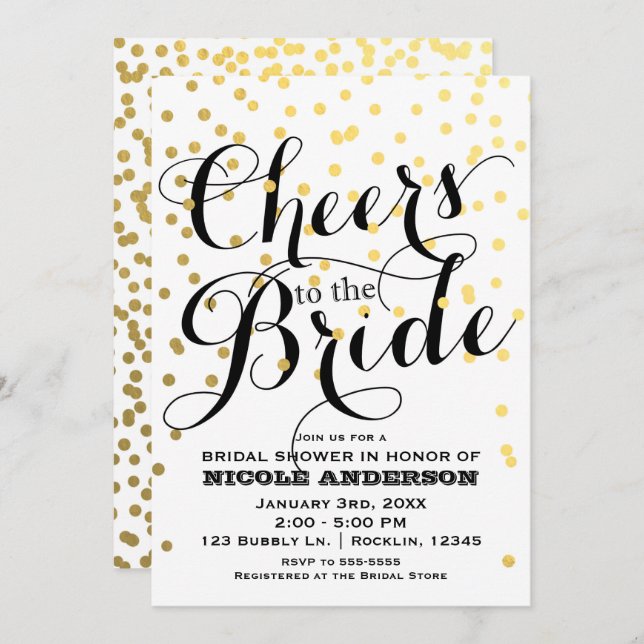 White & Gold Confetti Foil CHEERS Brautparty Einladung (Vorne/Hinten)