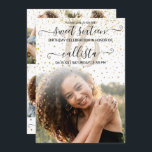 White Gold Confetti Foto Collage Sweet 16 Einladung<br><div class="desc">Diese hübsche und gürmische 16 . Geburtstag Geburtstagsparty Foto Collage Einladung ist perfekt für das trendige und stilvolle Mädchen. Es zeigt Imitate gedruckt funkelnd Glitzer Konfetti auf einem weißen und großen Feature Foto ombre Farbverlauf mit eleganten schwarz handgeschriebenen kursiven Skript Typografie. Auf der Rückseite sind die Imitate goldene Konfetti und...</div>