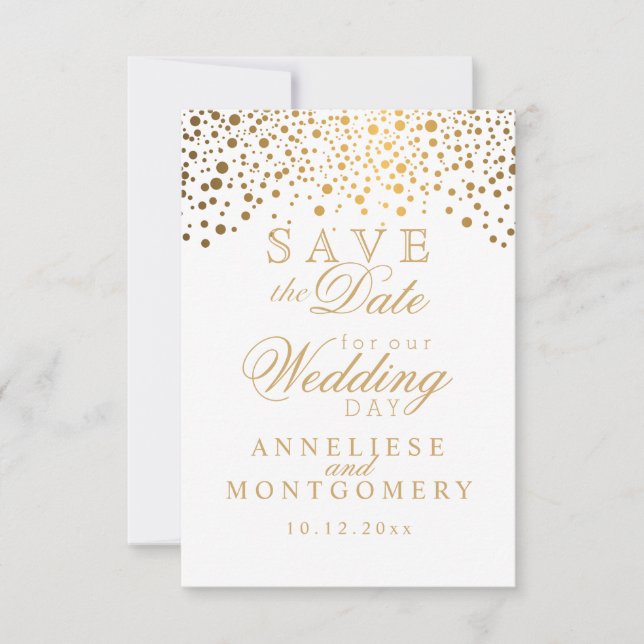 White & Gold Confetti & Glitzer Save the Date (Vorderseite)