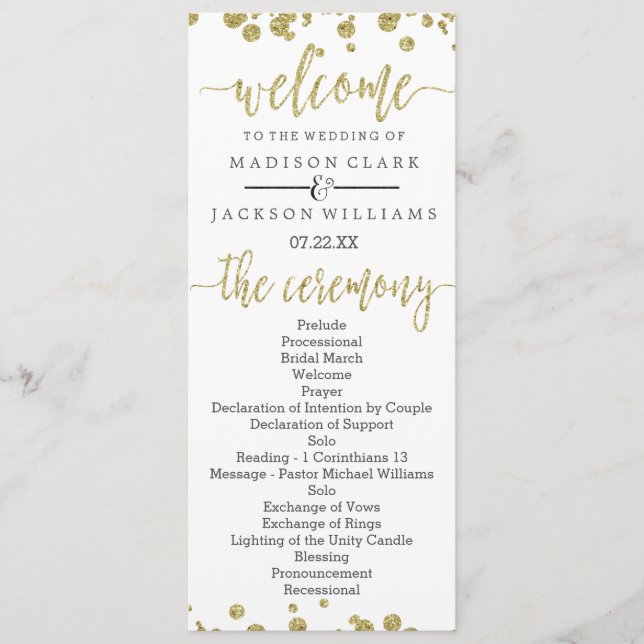 White & Gold Confetti Hochzeitsprogramm Programm (Vorderseite)
