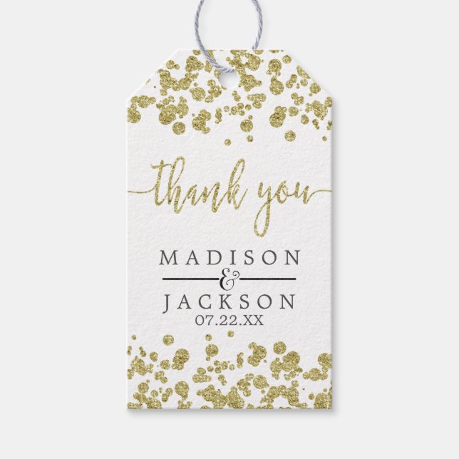 White & Gold Confetti Wedding Vielen Dank Geschenkanhänger (Vorderseite)