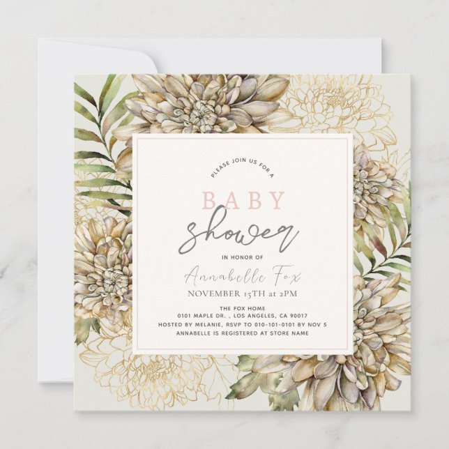 White & Gold Dahlia Floral Girl Baby Dusche Einladung (Vorderseite)