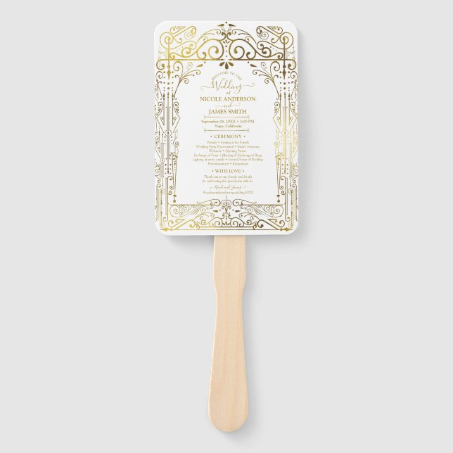 White Gold Deko Chic Glam Wedding Program Hand Fan Fächer (Vorderseite)
