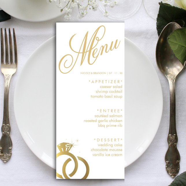White & Gold Diamond Ring Hochzeitsempfang Menükarte (White & Gold Diamond Ring Wedding Reception Menu)