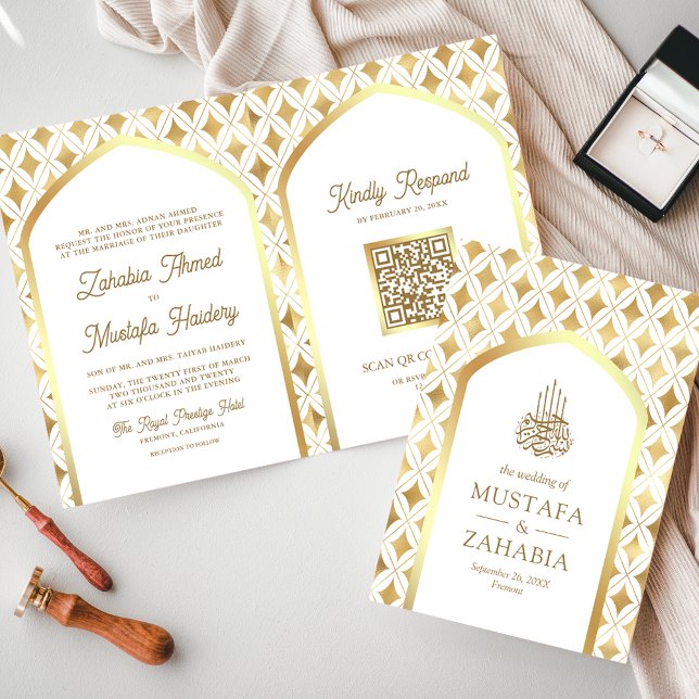 White Gold Diamonds Arch QR Code Muslime Hochzeit Einladung (Von Creator hochgeladen)