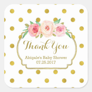 White Gold Dots Floral Baby Shower Fevor Tags Quadratischer Aufkleber