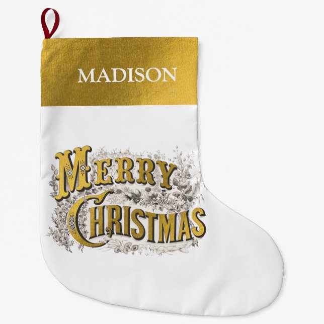White Gold Elegant Frohe Weihnachten Rustikal Vint Großer Weihnachtsstrumpf (Vorderseite)