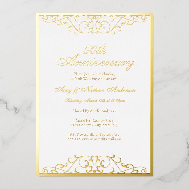 White Gold Elegant Swirl 50. Hochzeitstag Folieneinladung (Vorderseite)