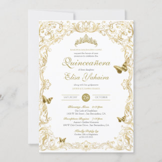 White Gold Elegante Baroque Regal Quinceanera Einladung