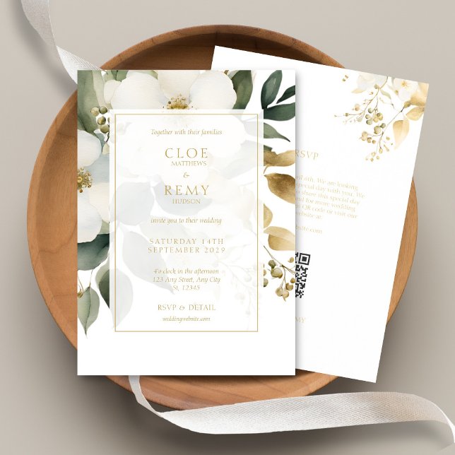 White & Gold Floral Foliage Wasserfarbe Hochzeit Q Einladung (Von Creator hochgeladen)