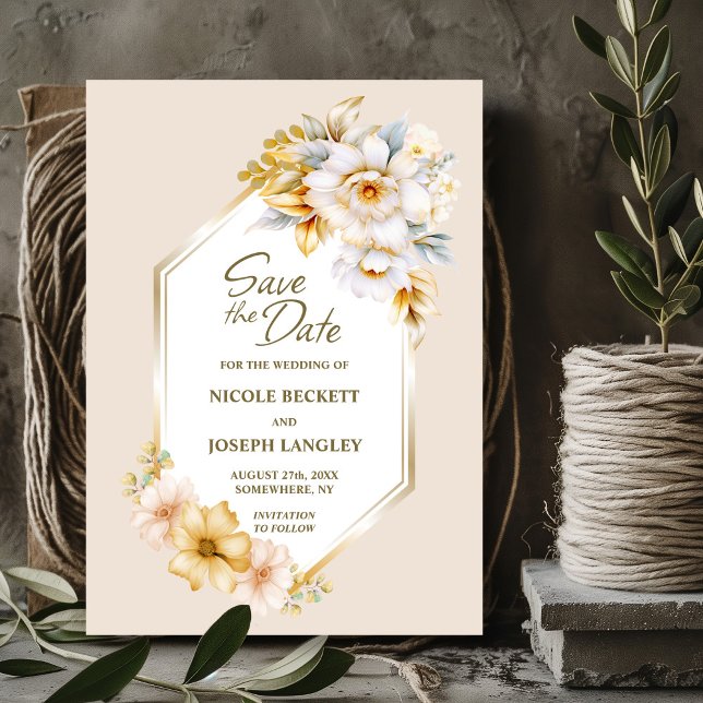 White Gold Floral Geometric Wedding Save the Date (Von Creator hochgeladen)
