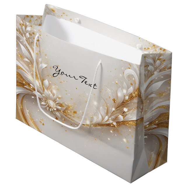 White Gold Floral Geschenktasche Große Geschenktüte (Vorderseite Schrägansicht)
