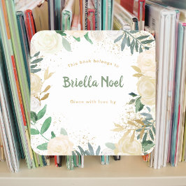 White Gold Floral Girl Baby Dusche Buchzeichen Quadratischer Aufkleber